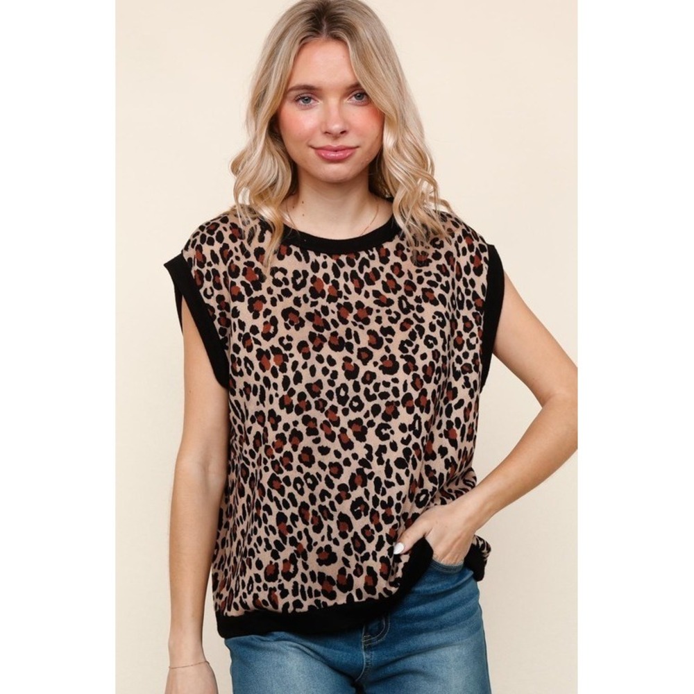 Haptics Leopard Print Dolman Cap Sleeve Knit Top - Large